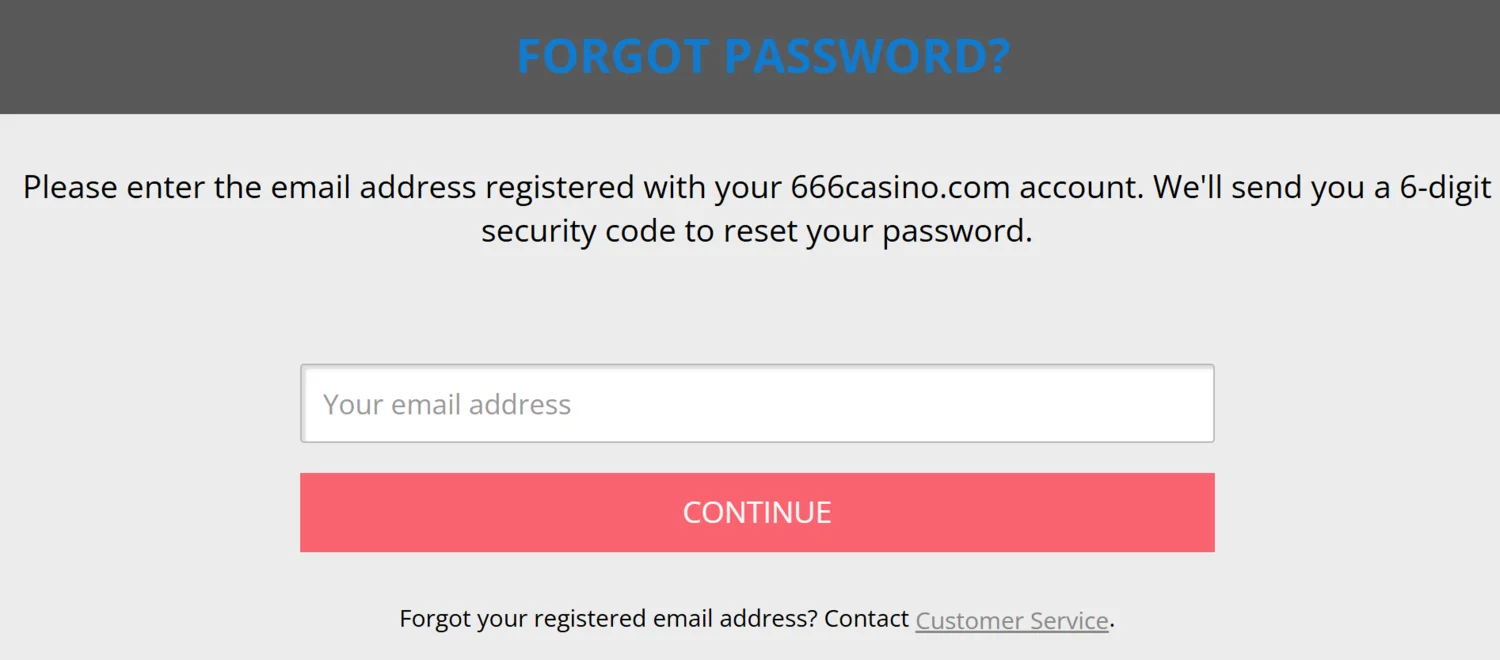 666 Casino forgot password screen